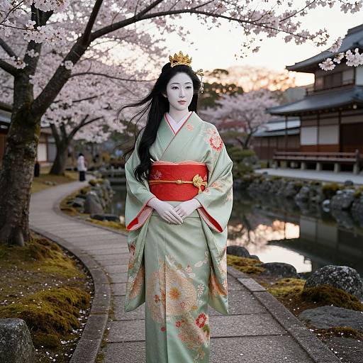 Elegant Japanese Woman in Serene Courtyard