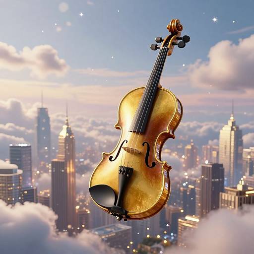Golden violin floating above a cityscape with skyscrapers, clouds, and sparkling stars at sunset. Photorealistic digital art.