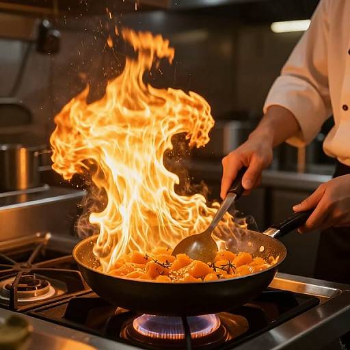 Photograph of a chef's hands stirring an orange skillet with flames, cooking on a gas stove in a dark kitchen.