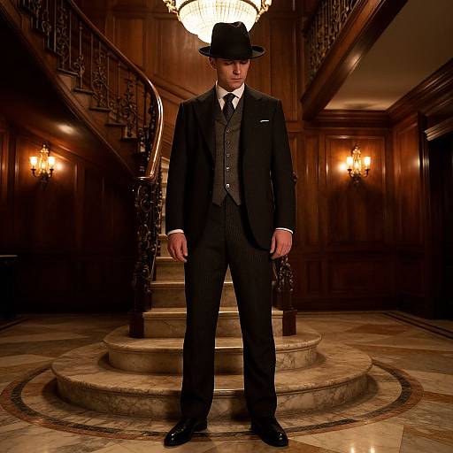 Photograph of a serious man in a black pinstripe suit, gray vest, white shirt, black tie, black hat, standing in a dim