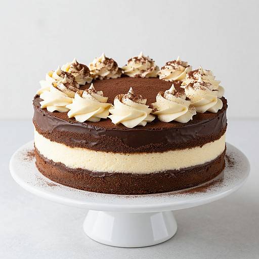 Photograph of a two-layer chocolate cake with creamy white filling, topped with whipped cream and chocolate shavings, on a white cake stand.