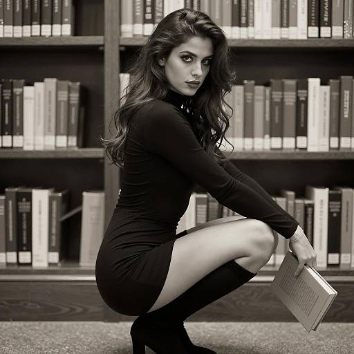 Woman in Black Dress Squatting by Bookshelf
