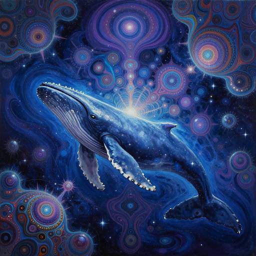 Digital art of a glowing blue whale swimming amidst swirling, colorful cosmic patterns in deep space, with stars and circular designs.