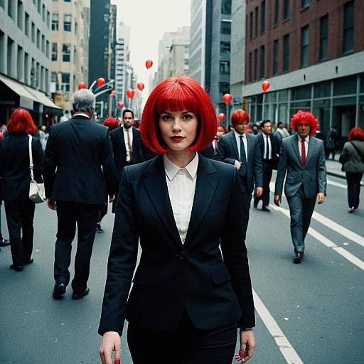 Woman in Red Wig on City Street
