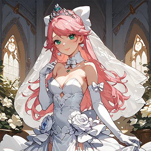 Digital anime-style illustration of a pink-haired bride with green eyes, wearing a white strapless dress, tiara, and veil in a Gothic cathedral.