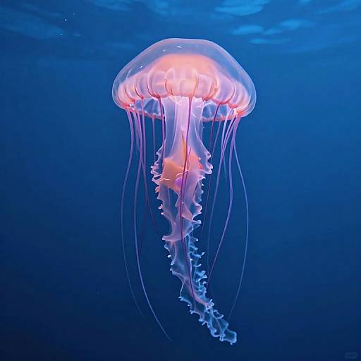 Photograph of a glowing, translucent jellyfish with pink and blue hues, floating in deep blue ocean water, illuminated from within.