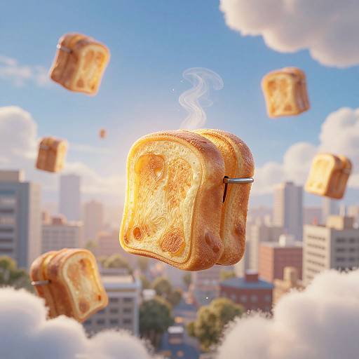 Digital art of golden, toasted bread slices floating above a sunny, cloud-filled cityscape with skyscrapers and green trees in the background.