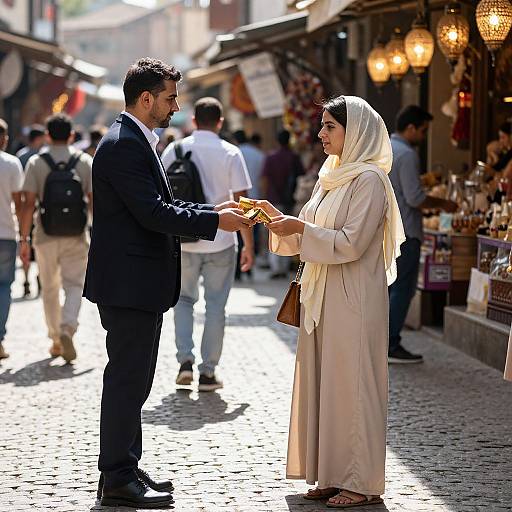 Photograph of a bearded man in a black suit handing a gift to a woman in a beige hijab and long robe on a sunlit,