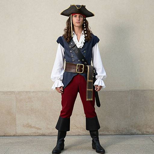 Photograph of a young man in full pirate costume: black tricorn hat, white shirt, blue vest, red pants, brown belt, black boots