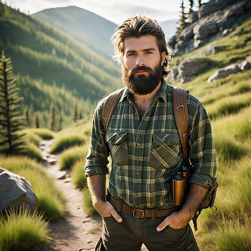 Bearded man hiking in pine forest mountains