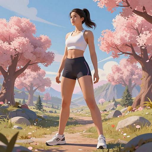 Digital art of a fit Asian woman in white sports bra and black shorts, standing on a path surrounded by pink cherry blossoms.