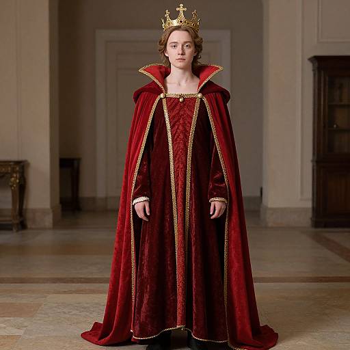 Photograph of a young woman with pale skin, brown hair, and a golden crown, wearing a long, rich red velvet royal robe with gold trim