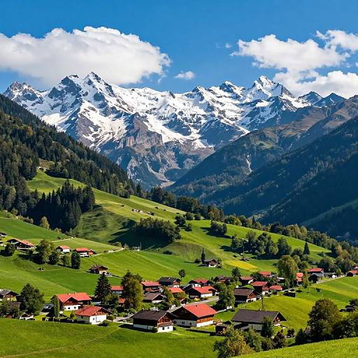 Photograph of a picturesque Alpine village with red-roofed houses nestled in green hills, set against a backdrop of towering, snow-capped mountains and