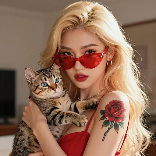 Blonde Woman with Red Sunglasses Holding Kitten