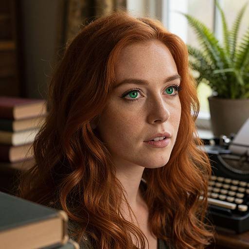 Photograph of a red-haired woman with green eyes, freckles, and wavy hair, sitting at a desk with books and a typewriter