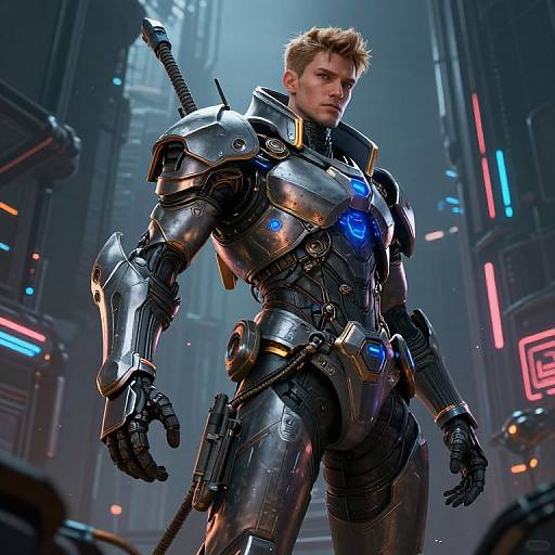 Digital CGI of a muscular, blond, white man in a futuristic, silver and black armored suit with blue lights, standing in a neon-lit,