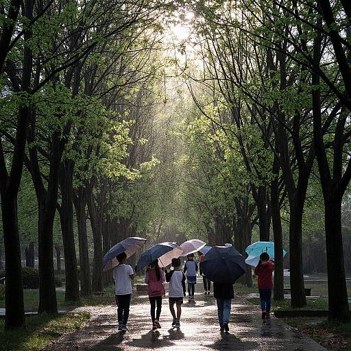 Photograph of people with umbrellas walking on a sunlit, tree-lined path in a park, raindrops visible on the ground.