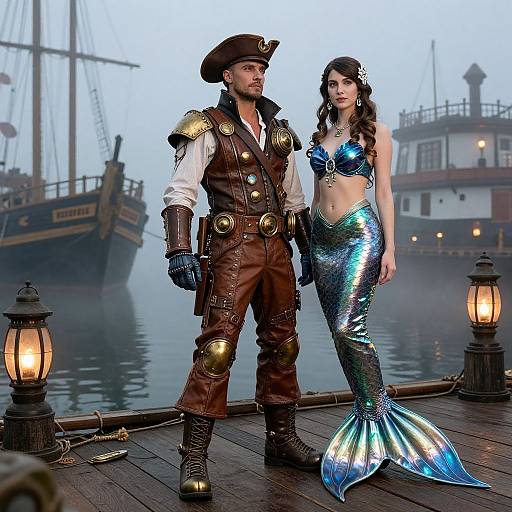 Photograph of a pirate and mermaid standing on a wooden dock at dawn, with ships in the foggy background. Pirate wears brown leather vest and