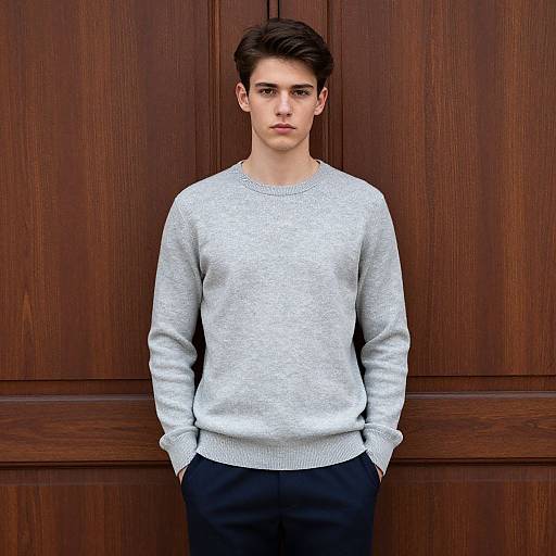 Photograph of a young, pale-skinned boy with dark brown hair, wearing a light gray sweater and black pants, standing against a wooden paneled