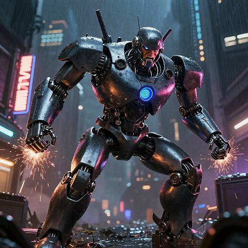CGI sci-fi scene of a glowing blue-eyed, black metal robot with sparks, standing in a rainy, neon-lit cyberpunk city street.