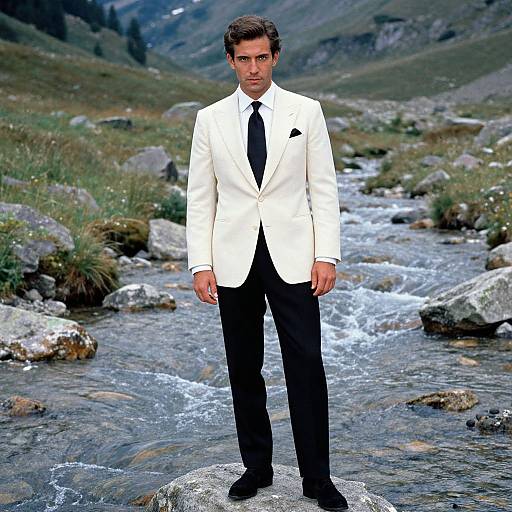 Photograph of a serious, dark-haired man in a white suit, black tie, and black pants standing in a rocky mountain stream.