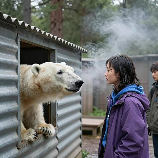 Woman in Purple Jacket with Polar Bear