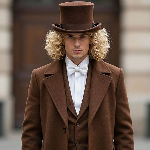 Stylish Man in Brown Coat and Top Hat