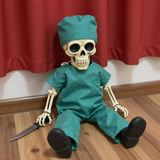 Grimacing Skeleton in Medical Scrubs