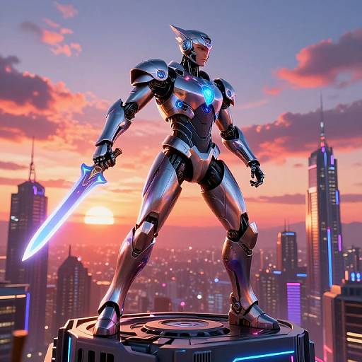 CGI image of a futuristic, silver humanoid robot with glowing blue sword, standing on a pedestal against a sunset city skyline.