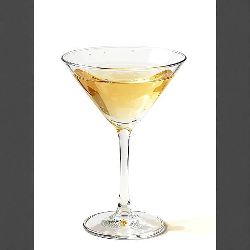 Photograph of a clear martini glass filled with golden-colored liquid, set against a white background with dark blue borders.