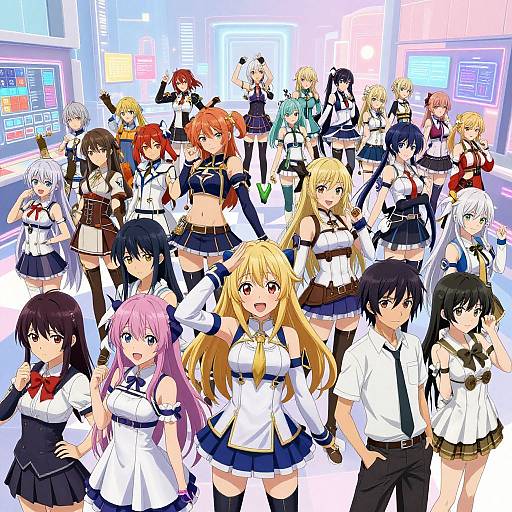 Digital anime artwork of 17 diverse female characters in white and blue school uniforms, posing in a brightly lit, futuristic room.