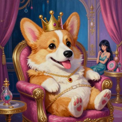 Digital art: Adorable orange and white Corgi with a gold crown and necklace, lounging on a pink, gold-trimmed throne,