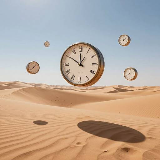 Photograph of five floating clocks with black hands over a sunlit, rippled desert sand dune under a clear blue sky.