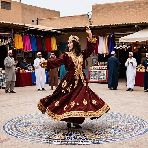 Photograph of a dark-haired woman in a rich brown, gold-embroidered traditional Middle Eastern dress, dancing in a vibrant outdoor market with colorful
