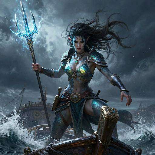 Water Genasi Warrior on Stormy Ship