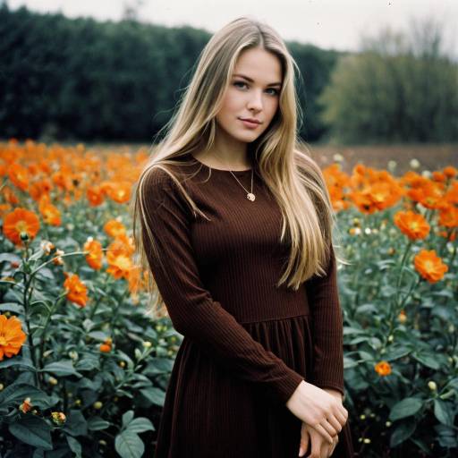 Young Woman in Brown Dress Among Orange Flowers