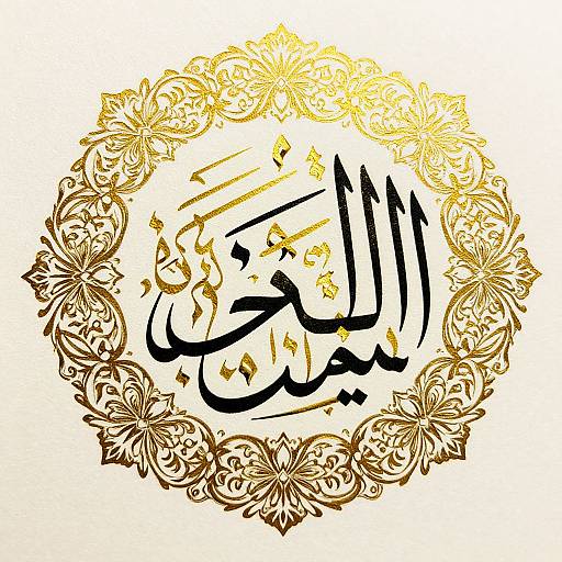 Digital artwork of ornate, gold floral frame with black Arabic calligraphy and gold stars on a white background. Elegant and intricate design.