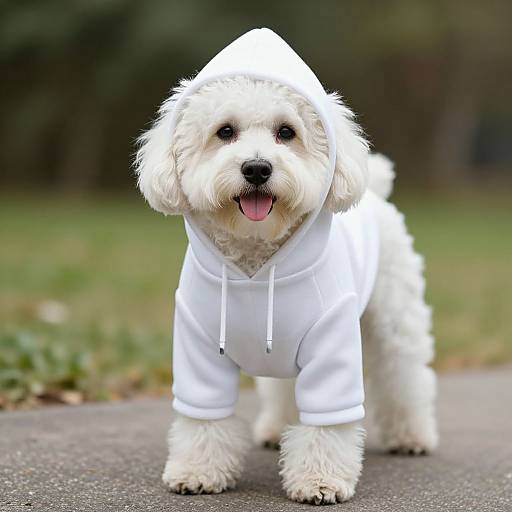 Cute white fluffy dog wearing a white hoodie, standing on a pavement, tongue out, with a blurred green grass background.