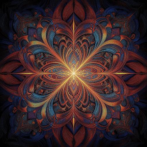 Digital abstract art featuring a vibrant, symmetrical, kaleidoscopic pattern with intricate, swirling red, orange, and blue lines radiating from a
