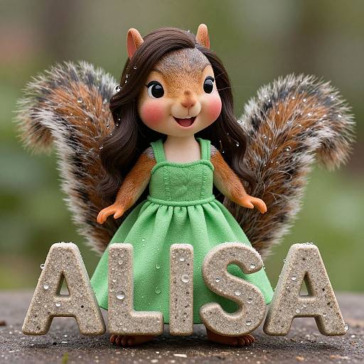 Photograph of a cute, anthropomorphic squirrel girl with brown fur, green dress, and long dark hair, standing behind glittery 