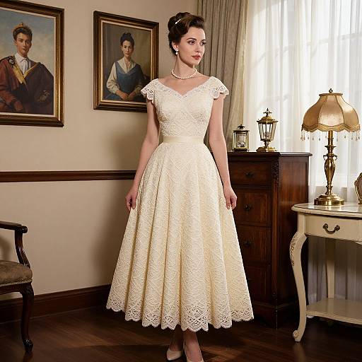 Photograph of a woman in an elegant cream lace dress with short sleeves, standing in a vintage room with framed portraits and a lit lamp.