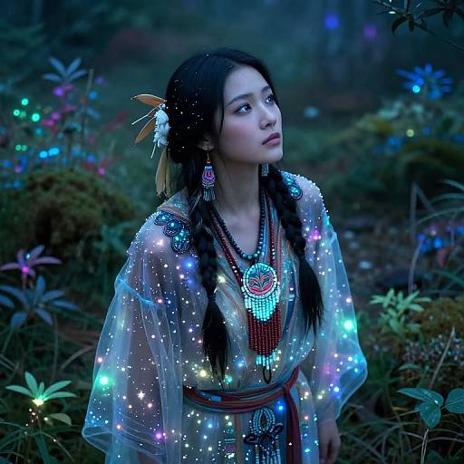 Photograph of an Asian woman with braided hair, wearing a glowing, transparent shawl adorned with colorful lights, in a dark forest.