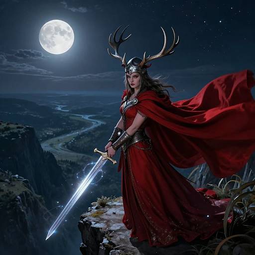 Epic digital artwork of a fierce, horned warrior woman in a red cape and dress, holding a glowing sword under a full moon, standing on