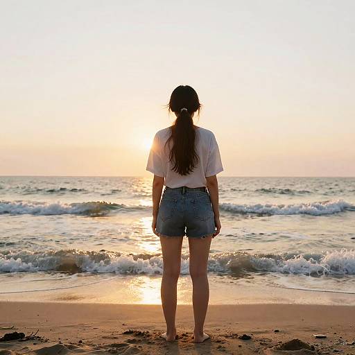 Photograph of a woman with long brown hair in a ponytail, wearing a white t-shirt and denim shorts, standing on a sandy beach watching a