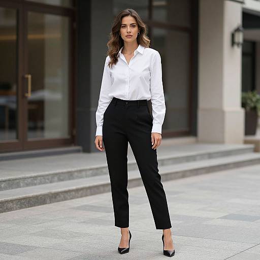 Photograph of a confident woman with wavy brown hair, wearing a white blouse, black high-waisted pants, and black heels, standing on