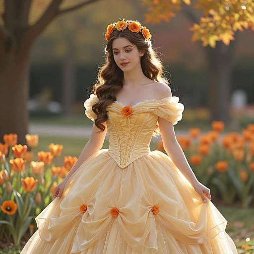 Young Woman in Yellow Ball Gown with Flower Crown