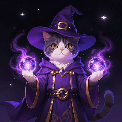 Digital illustration of a white and gray cat with yellow eyes, wearing a purple wizard hat and robe, holding glowing purple magical orbs against a starry night
