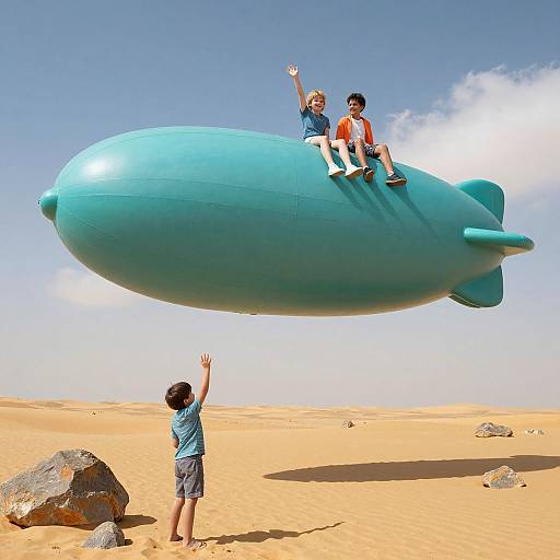 Photograph of two children flying on a large, blue, teardrop-shaped airship over a desert with a third child pointing up below, bright