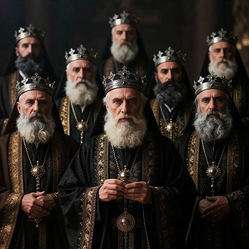 Elderly Men in Dark Robes and Crowns