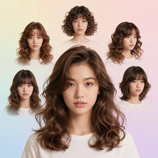 Photograph collage of six young Asian women with wavy, dark brown hair, wearing white shirts, against a gradient white-to-light blue background. Central